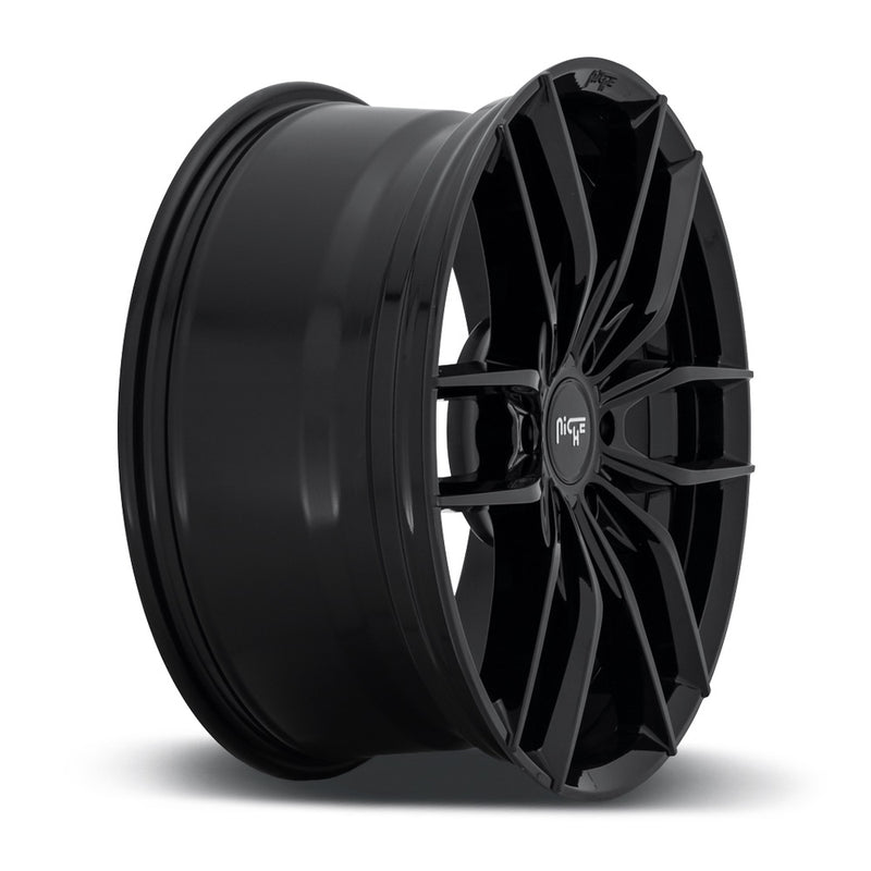 Side view of a Niche Vosso monoblock cast aluminum 5 U shape double spoke automotive wheel in a gloss black finish with an embossed niche logo to outer edge and a Niche silver logo center cap.