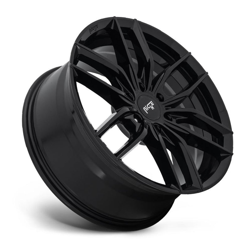 Tilted side view of a Niche Vosso monoblock cast aluminum 6 U shape spoke automotive wheel in a gloss black finish with an embossed Niche logo on the bead ring and a Niche silver logo center cap.