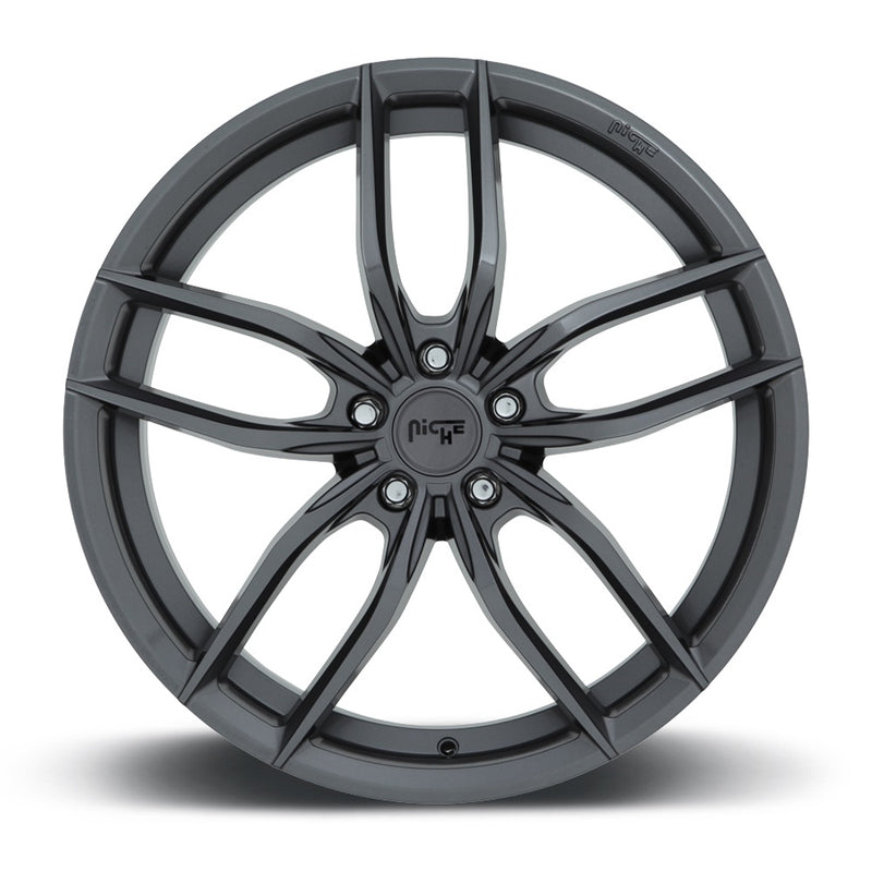 Front face view of a Niche Vosso monoblock cast aluminum 5 double spoke automotive wheel in a matte anthracite finish with a Niche logo embossed on the outer edge and with a Niche logo center cap.