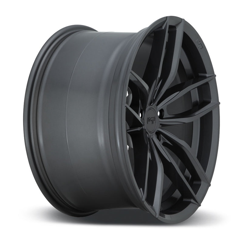 Side view of a Niche Vosso monoblock cast aluminum 5 double spoke automotive wheel in a matte anthracite finish with a Niche logo embossed on the outer edge and with a Niche logo center cap.