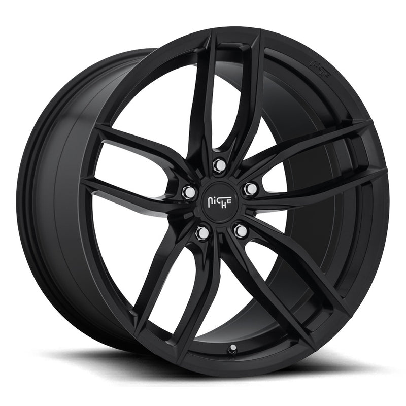 Niche Vosso monoblock cast aluminum 5 double spoke automotive wheel in a matte black finish with a Niche logo embossed on the outer edge and with a Niche logo center cap.