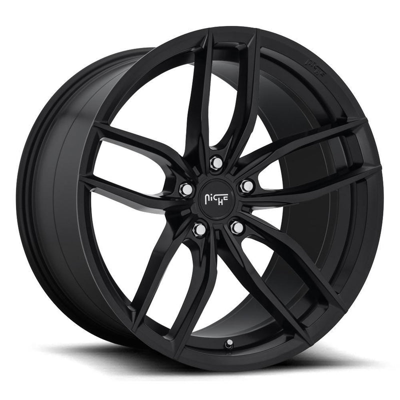 Niche Vosso monoblock cast aluminum 6 U shape spoke automotive wheel in a matte black finish with an embossed Niche logo on the bead ring and a Niche silver logo center cap.