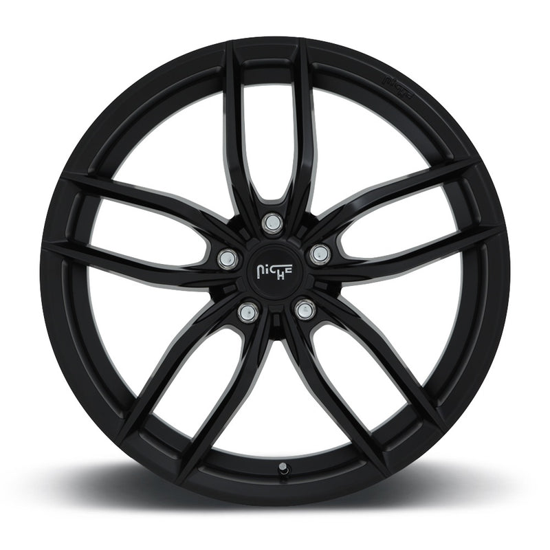 Front face view of a Niche Vosso monoblock cast aluminum 5 double spoke automotive wheel in a matte black finish with a Niche logo embossed on the outer edge and with a Niche logo center cap.