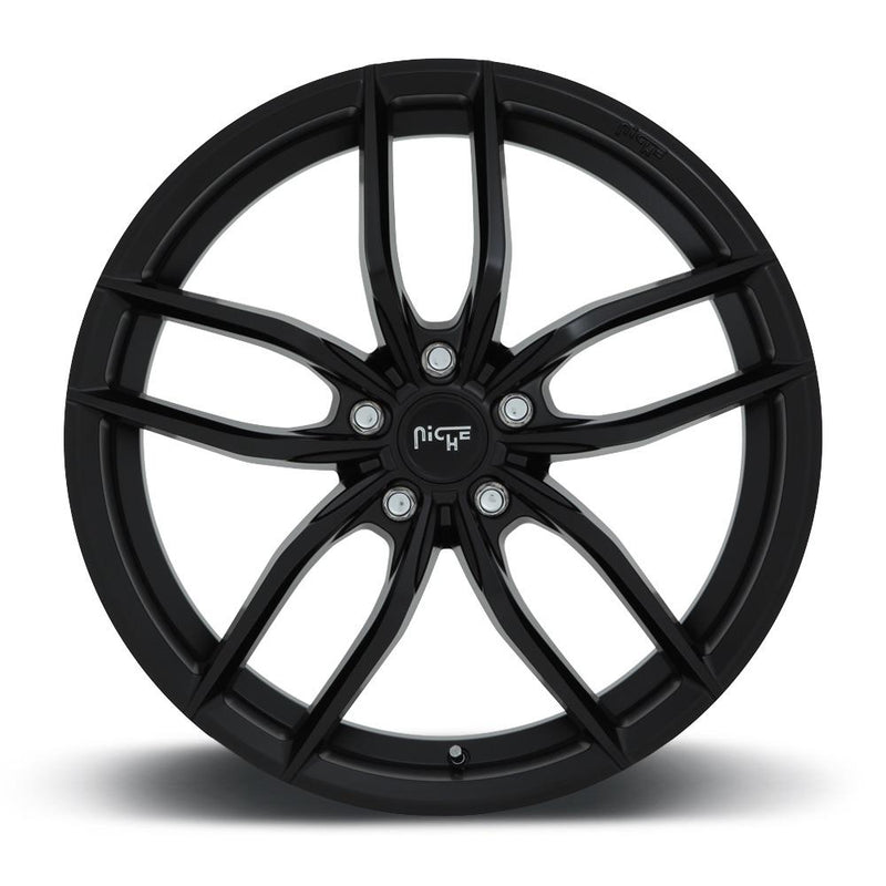 Front face view of a Niche Vosso monoblock cast aluminum 5 double spoke automotive wheel in a matte black finish with an embossed Niche logo on the outer lip and a Niche logo center cap.