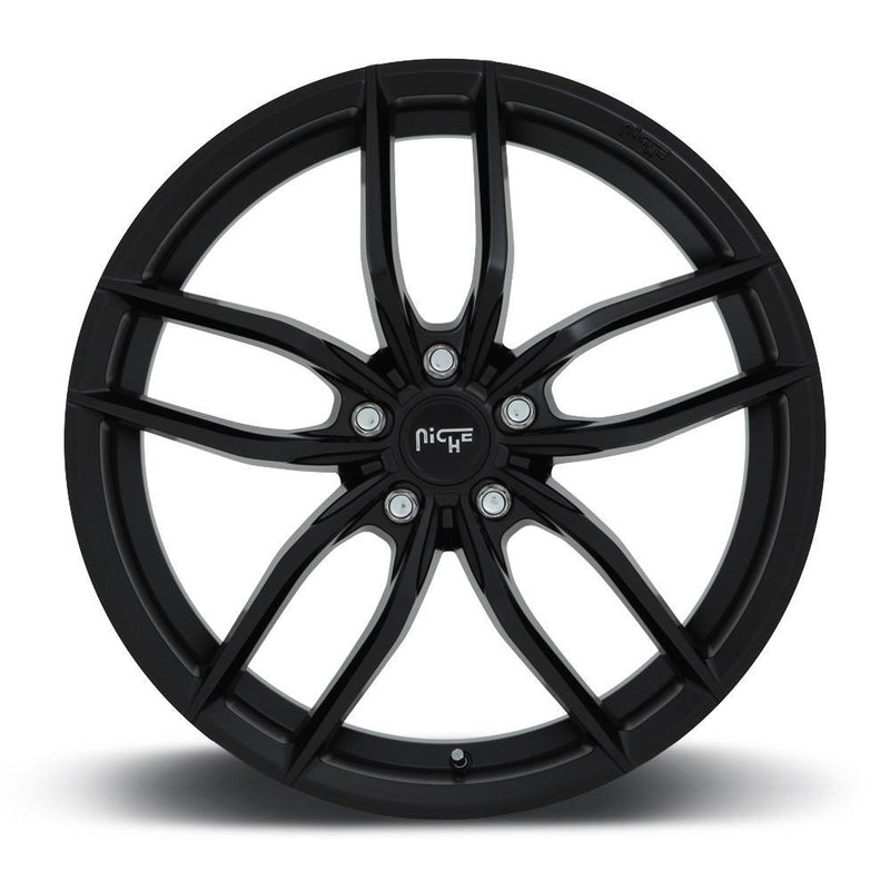 Front face view of a Niche Vosso monoblock cast aluminum 6 U shape spoke automotive wheel in a matte black finish with an embossed Niche logo on the bead ring and a Niche silver logo center cap.
