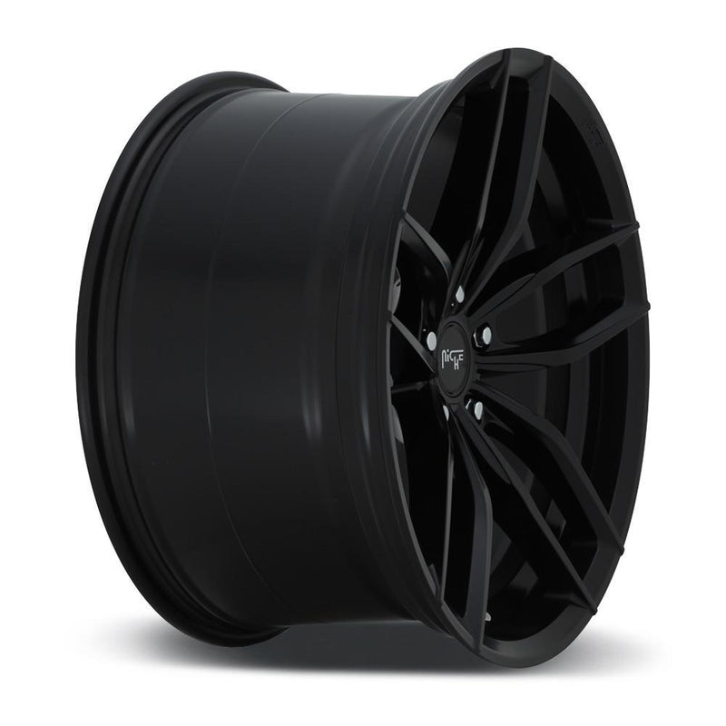 Side view of a Niche Vosso monoblock cast aluminum 6 U shape spoke automotive wheel in a matte black finish with an embossed Niche logo on the bead ring and a Niche silver logo center cap.