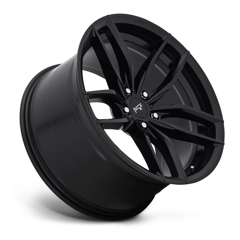 Tilted side view of a Niche Vosso monoblock cast aluminum 5 double spoke automotive wheel in a matte black finish with a Niche logo embossed on the outer edge and with a Niche logo center cap.