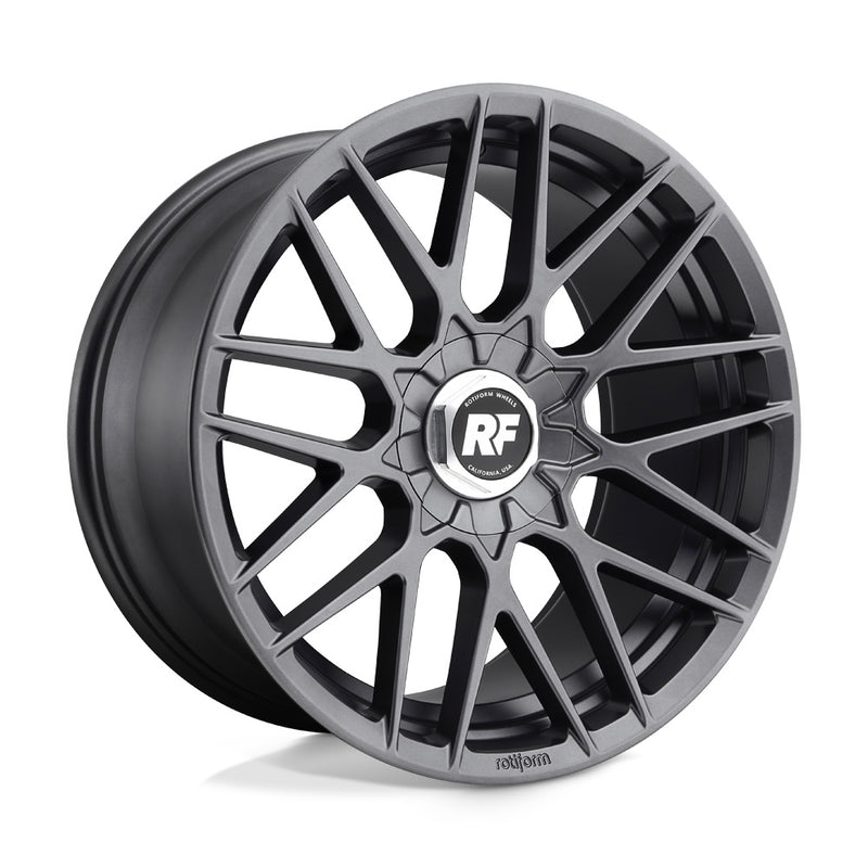 Rotiform RSE monoblock cast aluminum 9 V-shaped spoke automotive wheel in a matte anthracite finish with a Rotiform RF logo center cap and Rotiform logo embossed on outer lip.