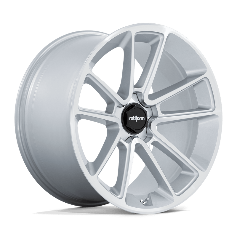 Rotiform BTL cast aluminum 5 double spoke design automotive wheel in a gloss silver finish with a machined face and a black center cap with a silver Rotiform logo.