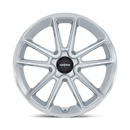 Front face view of aRotiform BTL cast aluminum 5 double spoke design automotive wheel in a gloss silver finish with a machined face and a black center cap with a silver Rotiform logo.