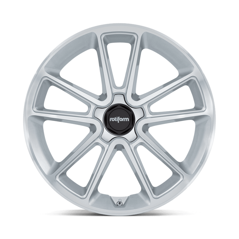 Front face view of aRotiform BTL cast aluminum 5 double spoke design automotive wheel in a gloss silver finish with a machined face and a black center cap with a silver Rotiform logo.