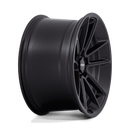 Side view of a Rotiform BTL cast aluminum 5 double spoke design automotive wheel in a matte black finish with a black cap and a black center cap with a silver Rotiform logo.