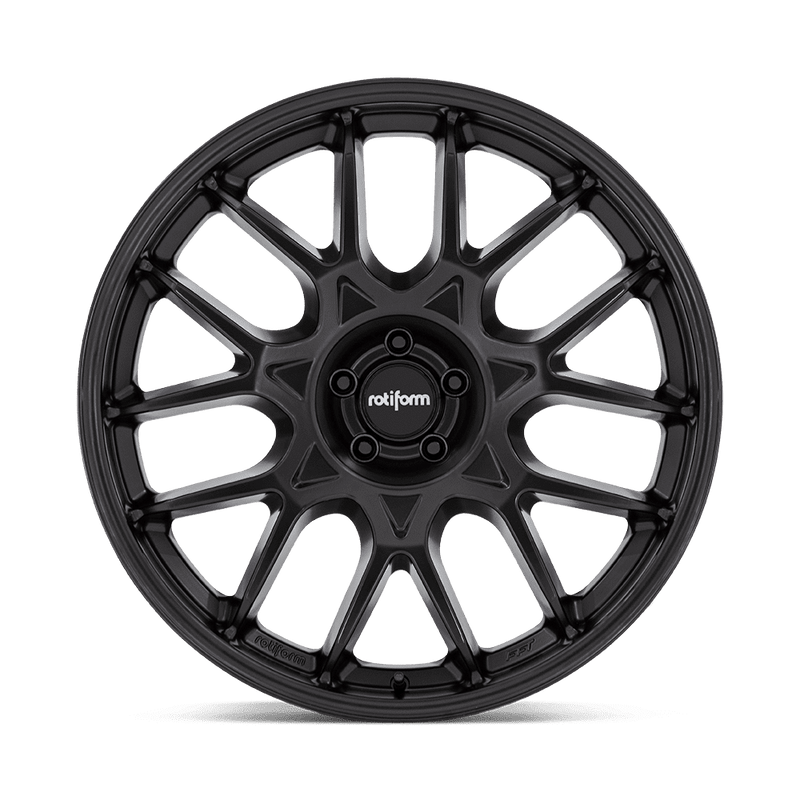Front face view of a Rotiform ZWS a 1 piece cast aluminum multi spoke automotive wheel in a matte black finish with a black center cap with a silver Rotiform logo