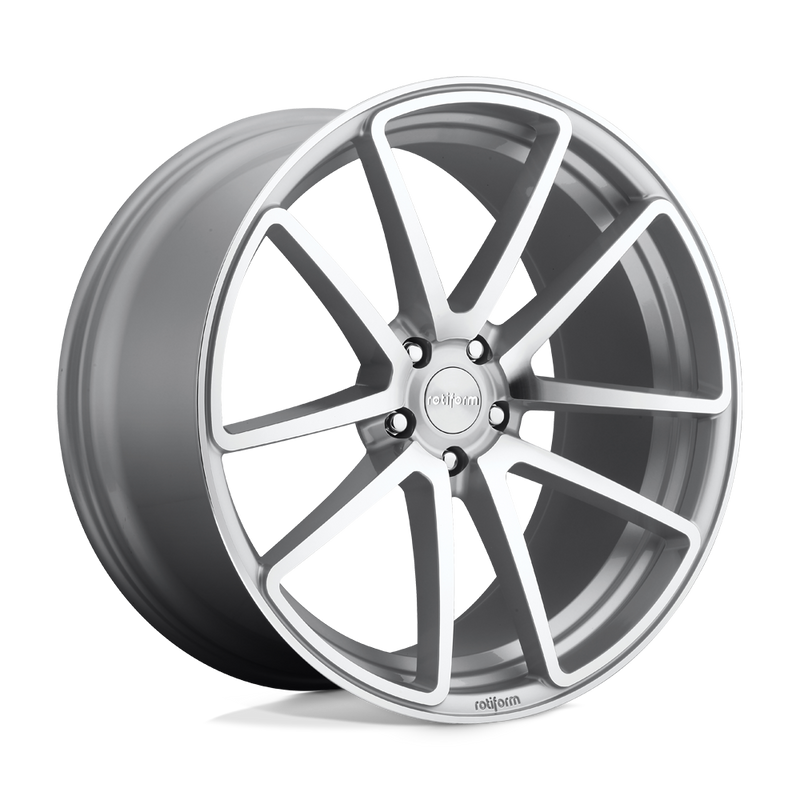 Rotiform SPF monoblock cast aluminum 5 double spoke design automotive wheel in a machined gloss silver finish with an embossed  Rotiform logo on the outer edge lip and a silver Rotiform logo center cap.