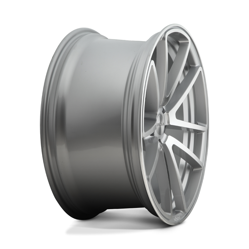 Side view of a Rotiform SPF monoblock cast aluminum 5 double spoke design automotive wheel in a machined gloss silver finish with an embossed Rotiform logo on the outer edge lip and a silver Rotiform logo center cap.