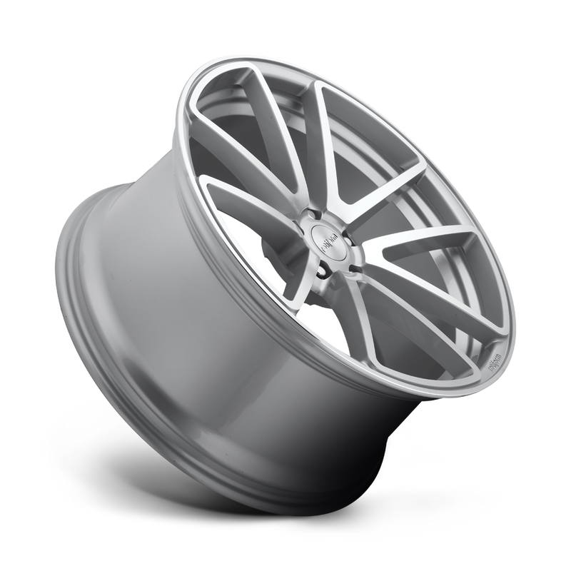 Tilted side view of a Rotiform SPF monoblock cast aluminum 5 double spoke design automotive wheel in a machined gloss silver finish with an embossed Rotiform logo on the outer edge lip and a silver Rotiform logo center cap.