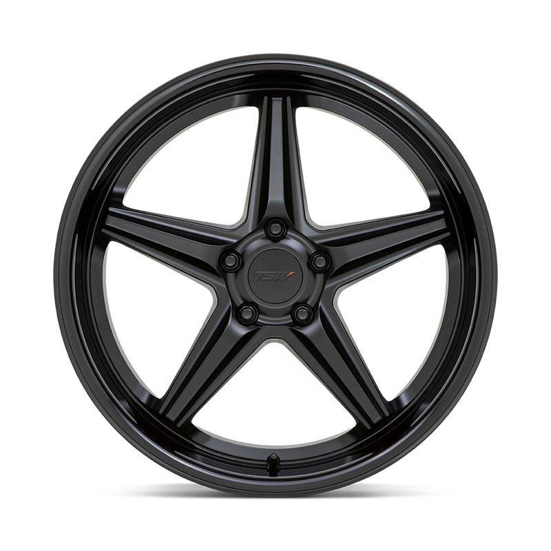 Front face view of a TSW Launch cast aluminum automotive wheel in a matte black with gloss black lip finish having a 5 spoke design with spoke scalloping and a deep flat lip.