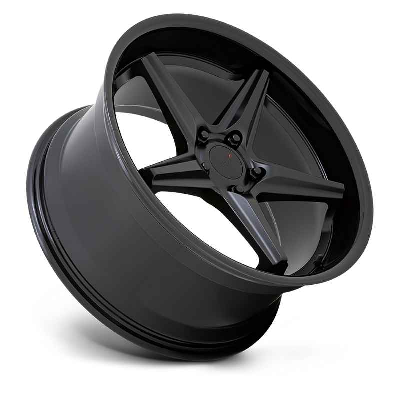 Tilted side view of a TSW Launch cast aluminum automotive wheel in a matte black with gloss black lip finish having a 5 spoke design with spoke scalloping and a deep flat lip.