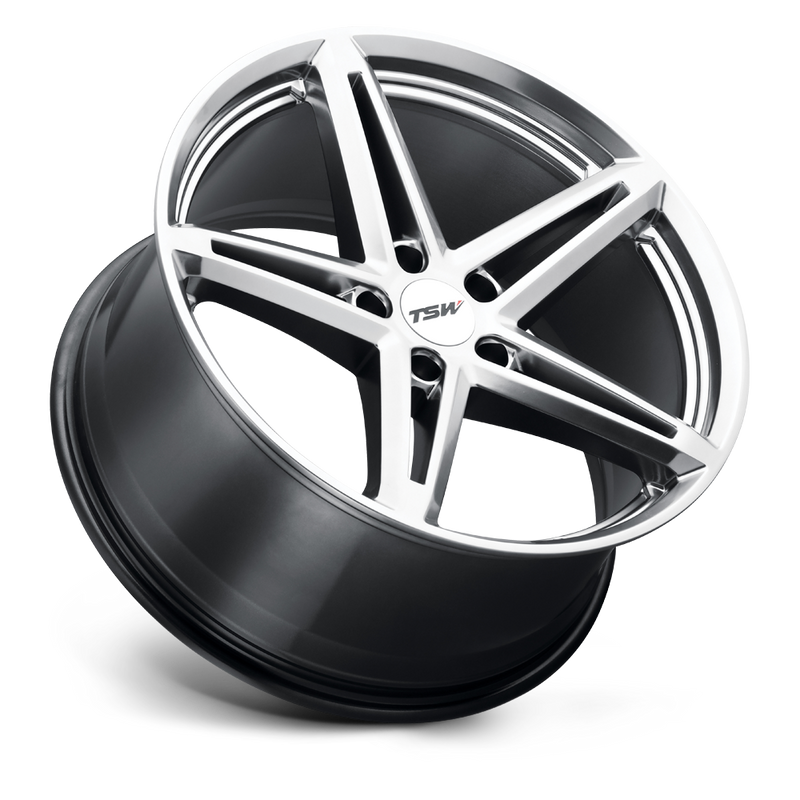 Tilted Side View Of A TSW Molteno Cast Aluminum 5 Spoke Automotive Wheel In A Hyper Silver Finish With A TSW Logo Center Cap.