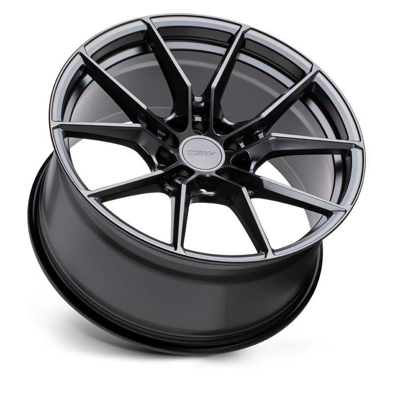 Tilted side view of a TSW Neptune flow formed aluminum automotive wheel in a semi gloss black finish with a TSW logo center cap.