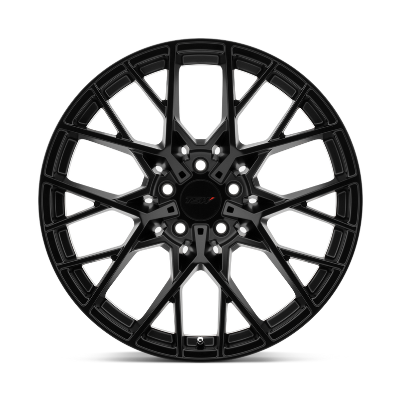 Front Face View Of A TSW Sebring Cast Aluminum V-Shaped Spoke Automotive Wheel In A Matte Black Finish with a TSW logo center cap.