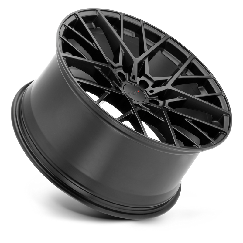 Tilted Side View Of A TSW Sebring Cast Aluminum V-Shaped Spoke Automotive Wheel In Matte Black Finish with a TSW Center Cap.