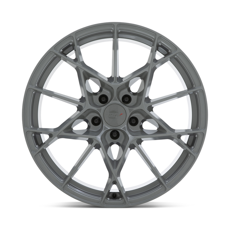 Front face view of a TSW Sector cast aluminum multi spoke automotive wheel in a battleship gray finish with a TSW logo center cap.
