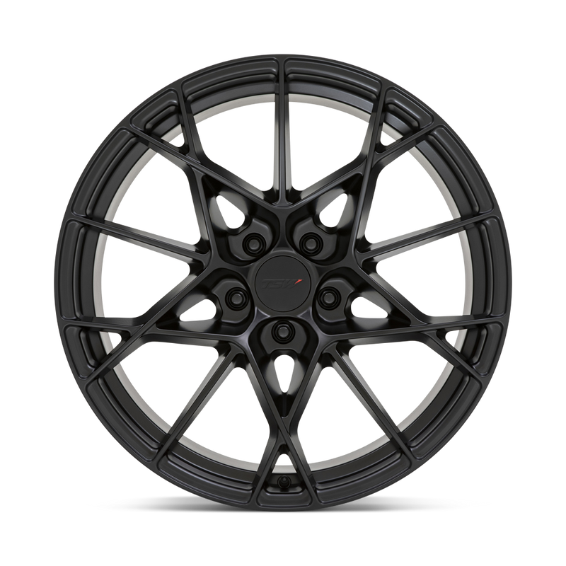 Front face view of a TSW Sector cast aluminum multi spoke automotive wheel in a semi gloss black finish with a TSW logo center cap.