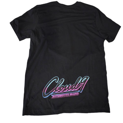 Rear view of a black t-shirt showing Cloud 9 Automotive Brand logo to towards the bottom 