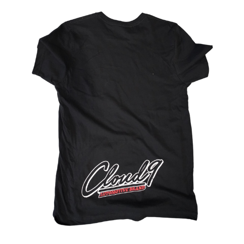 Rear of black t-shirt showing Cloud 9 Automotive Brand white and red company logo at bottom of shirt.