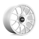Rotiform TUF a monoblock forged aluminum 7 Y shape spoke automotive wheel in a gloss silver finish with the word Forged embossed in the bead ring and a black center cap with a silver Rotiform logo.