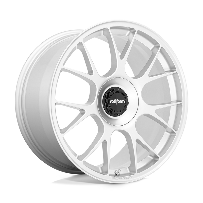 Rotiform TUF a monoblock forged aluminum 7 Y shape spoke automotive wheel in a gloss silver finish with the word Forged embossed in the bead ring and a black center cap with a silver Rotiform logo.