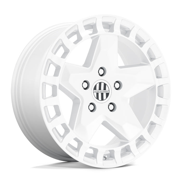 18" Victor Equipment Alpen Cast Aluminum 5 Spoke Concave Wheel In A Gloss White Finish With A Square Hole Design To The Outer Edge