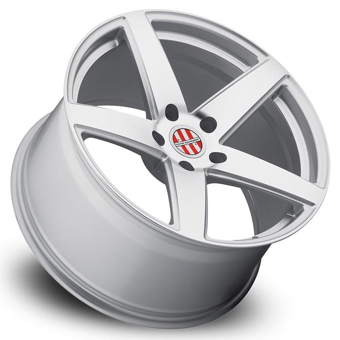 Tilted Side View Of Victor Equipment Wheels' 20" Baden Model, A Flow Formed Aluminum 5 Spoke Design Wheel In A Silver Finish With A Mirror Cut Face
