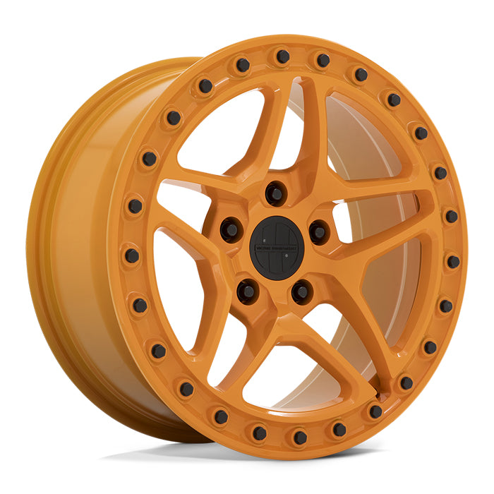 17" Victor Equipment Berg Cast Aluminum 5 Double Spoke Wheel In Gloss Orange With Black Bolt Pattern Around The Edge