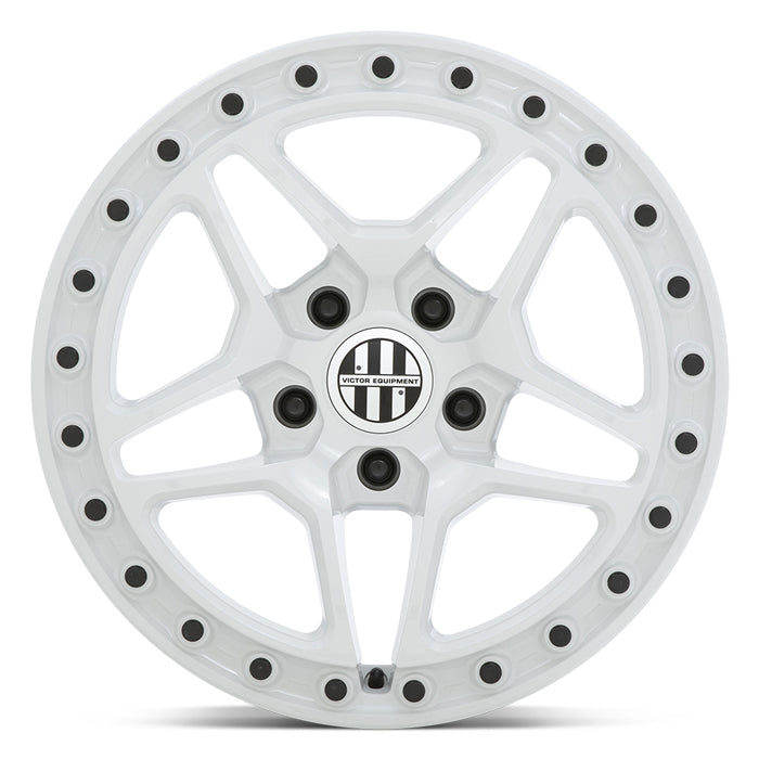 Front Face View Of 17" Victor Equipment Berg Cast Aluminum 5 Double Spoke Wheel In Gloss White With Black Bolt Pattern Around The Edge