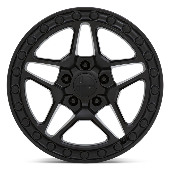 Front Face View Of 17" Victor Equipment Berg Cast Aluminum 5 Double Spoke Wheel In Matte Black With Bolt Pattern Around The Edge