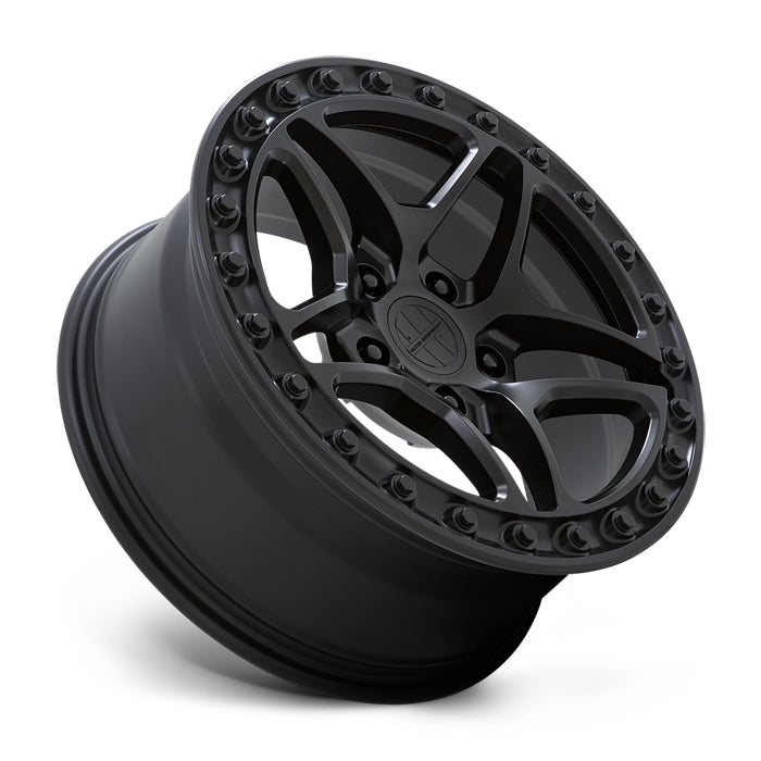 Tilted Side View Of 17" Victor Equipment Berg Cast Aluminum 5 Double Spoke Wheel In Matte Black With Bolt Pattern Around The Edge