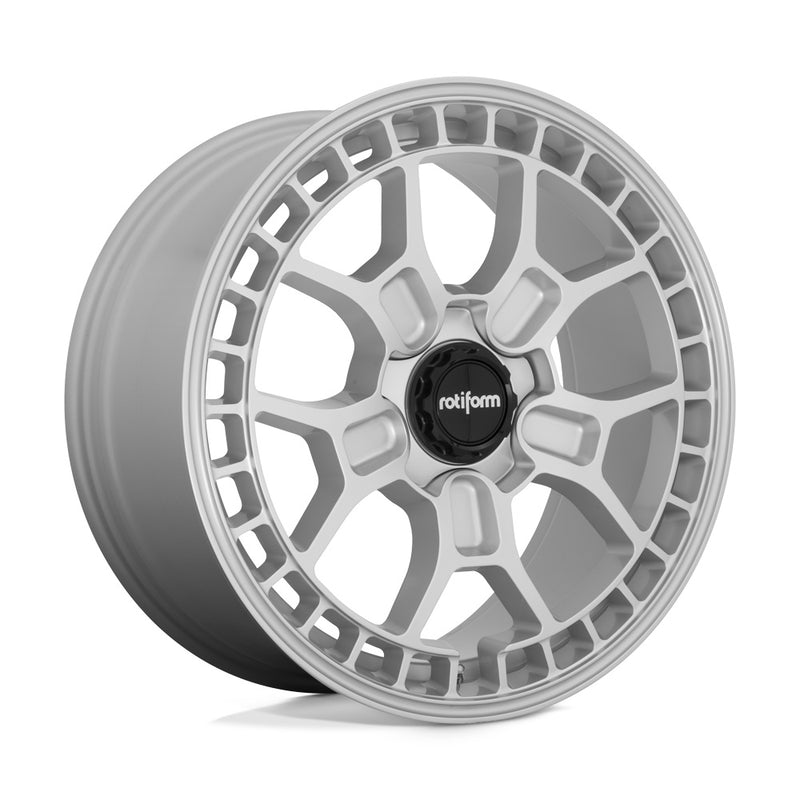 Rotiform ZMO-M monoblock cast aluminum 5 Y shape spoke automotive wheel in a gloss silver finish with a square hole pattern to the outer edge and a black center cap with a silver Rotiform logo.
