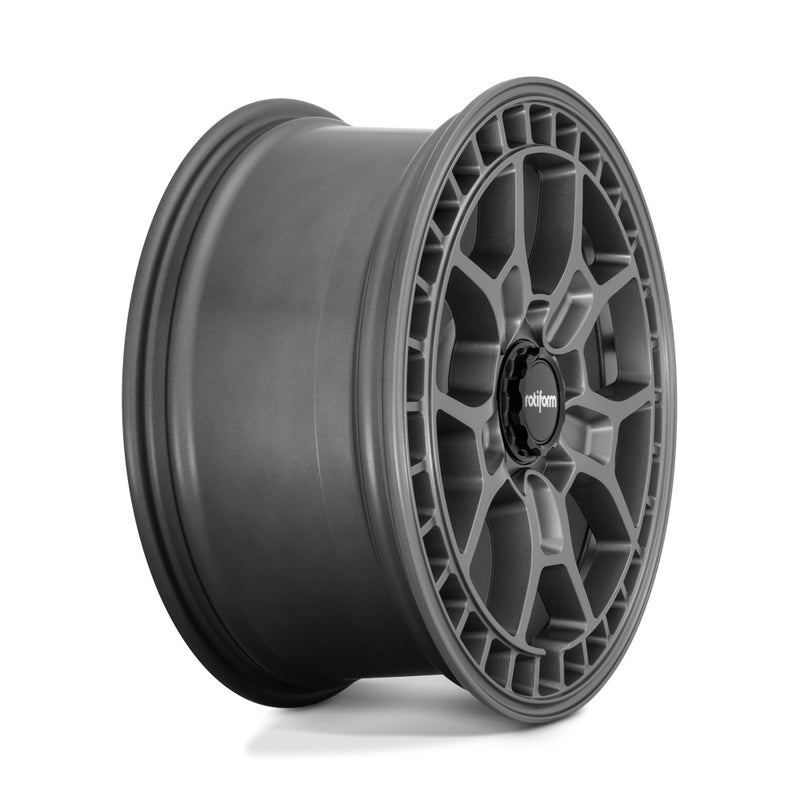 Side view of a Rotiform ZMO-M monoblock cast aluminum 5 Y shape spoke automotive wheel in a matte anthracite finish with a square hole pattern to the outer edge and a black center cap with a silver Rotiform logo.