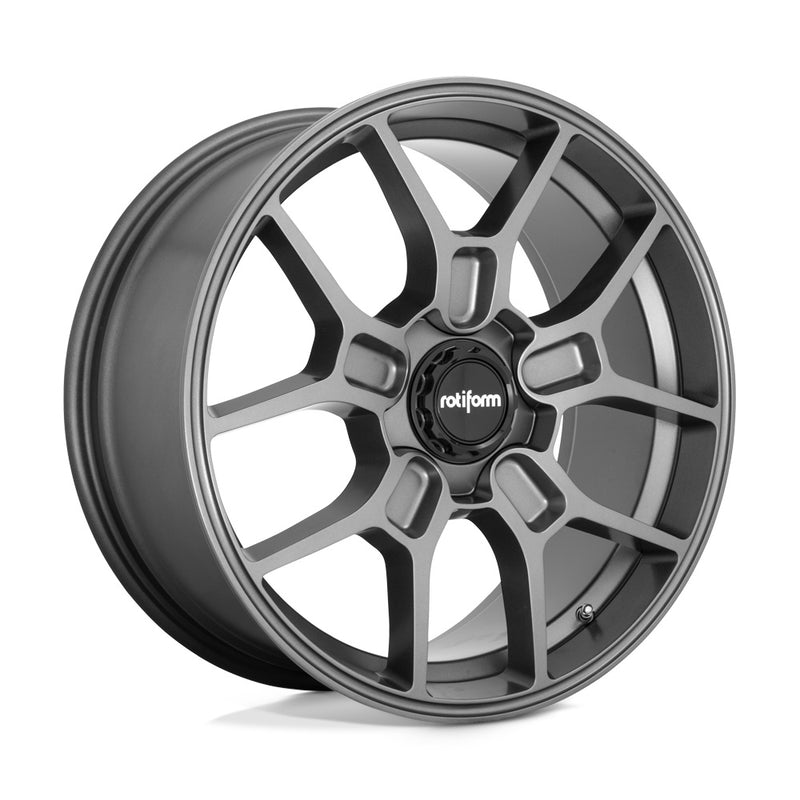 Rotiform ZMO monoblock cast aluminum 5 Y shape spoke automotive wheel in a matte anthracite finish with a black center cap having a silver Rotiform logo.