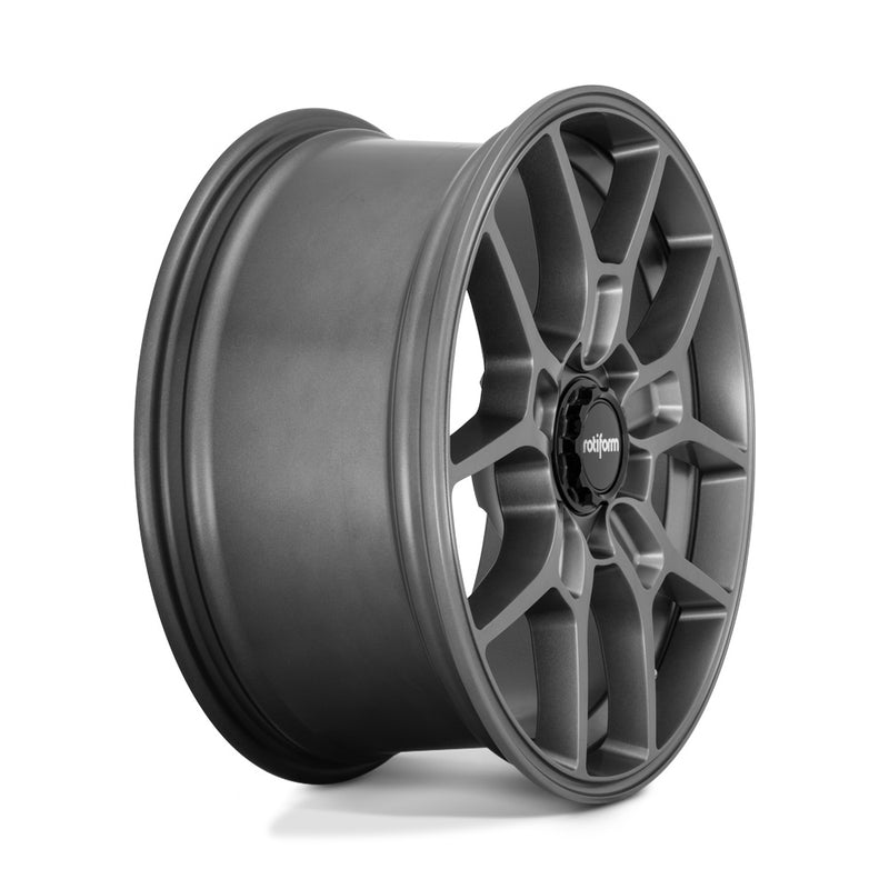 Side view of a Rotiform ZMO monoblock cast aluminum 5 Y shape spoke automotive wheel in a matte anthracite finish with a black center cap having a silver Rotiform logo.