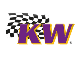 KW Suspensions black and white checkered flag with purple and yellow lettering company logo.