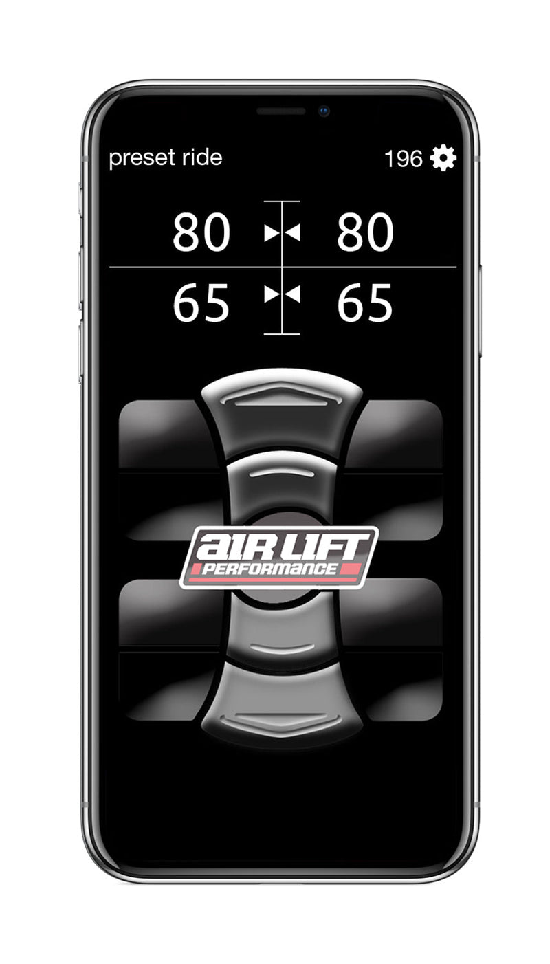 Air Lift Performance 3H/3P air management digital display controller showing ride settings.