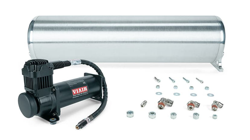 24" chrome FLO air tank and black VIAIR compressor with fittings and mounting hardware