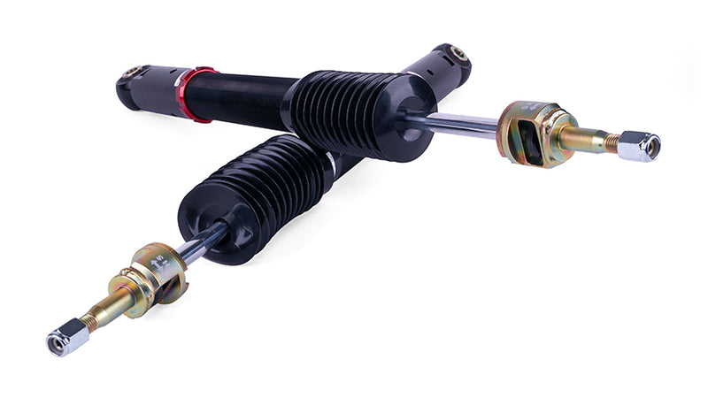 A pair of black monotube automotive shocks.