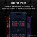 Smartphone displaying a vehicle control app with customizable touchscreen and mobile app screens on a black background.