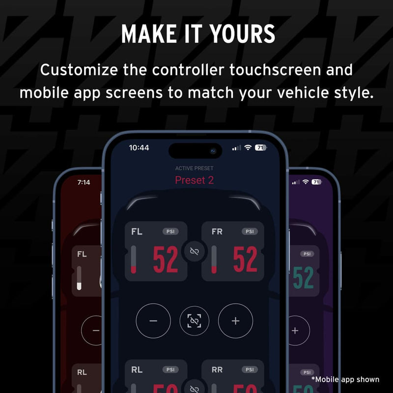 Smartphone displaying a vehicle control app with customizable touchscreen and mobile app screens on a dark background.