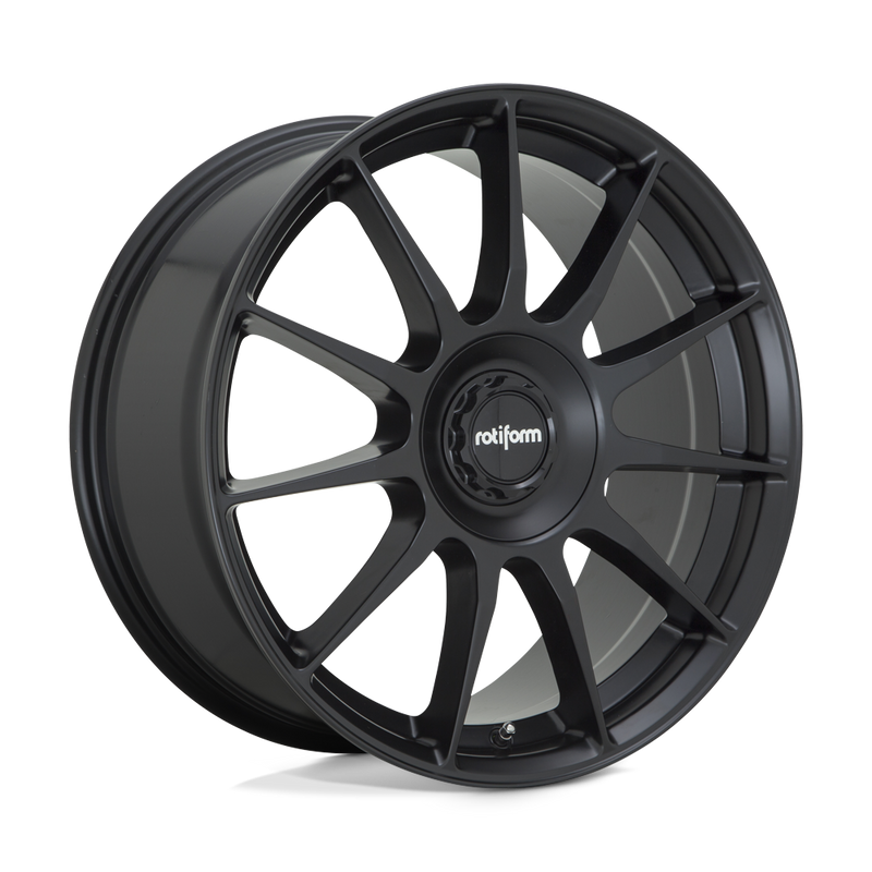 Rotiform DTM monoblock cast aluminum 11 spoke automotive wheel in a satin black finish with a Rotiform black center cap having a silver Rotiform logo.