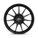 Front face view of a Rotiform DTM monoblock cast aluminum 11 spoke automotive wheel in a satin black finish with a Rotiform black center cap having a silver Rotiform logo.